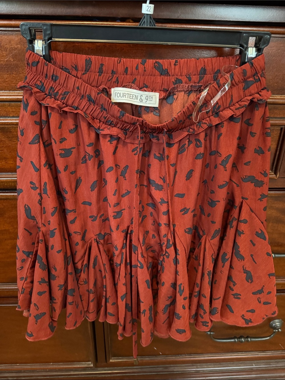 Rust Red Printed Ruffle Hem Skirt